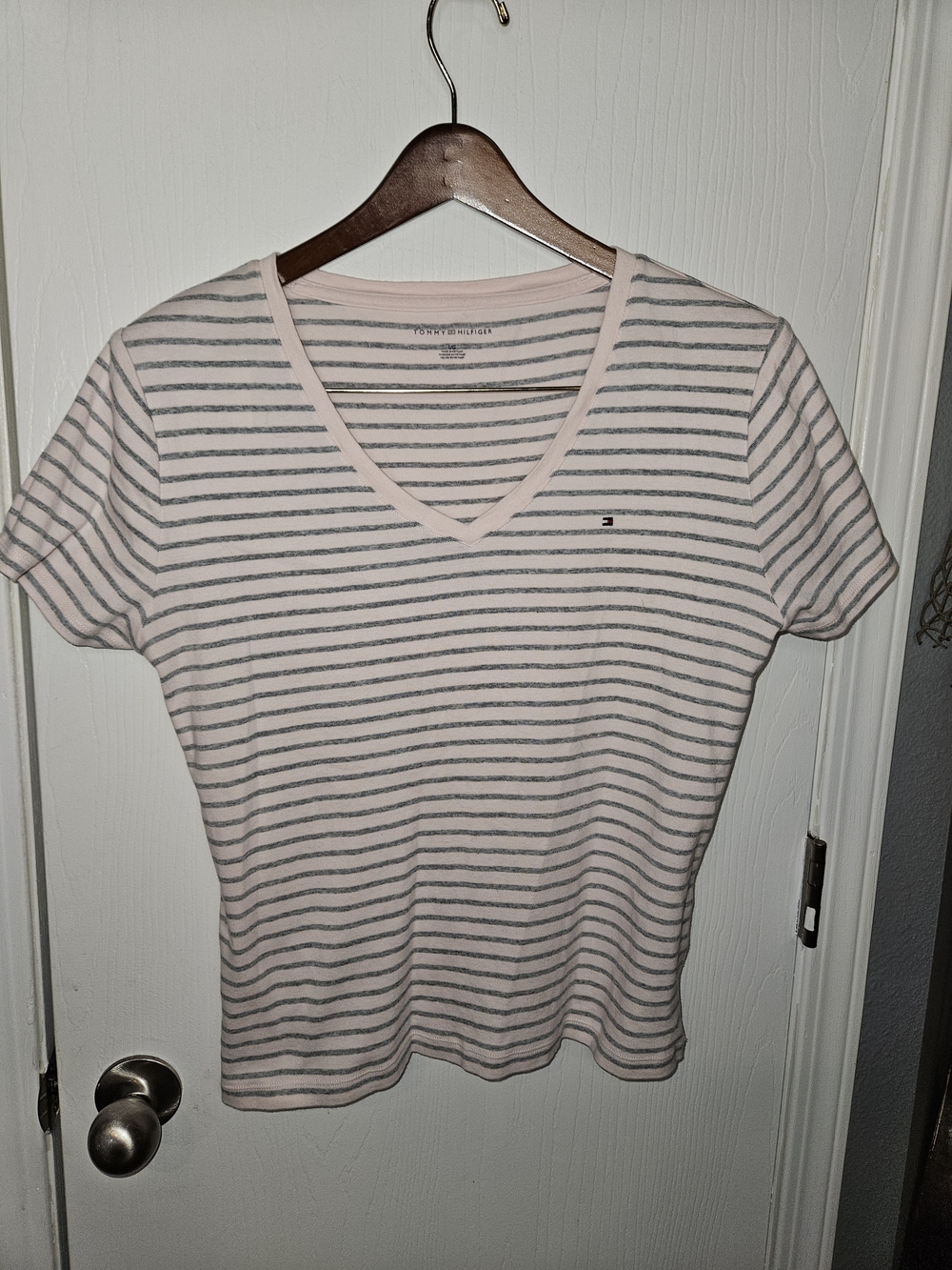 Tommy Hilfiger Pink and Gray Striped V-Neck Tee